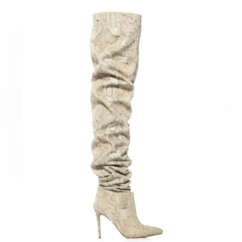 Azalea Wang Cream Ambivert Vegan Snakeskin Thigh High Boots